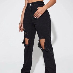Black Wash Destroyed Ripped Boyfriend Jeans